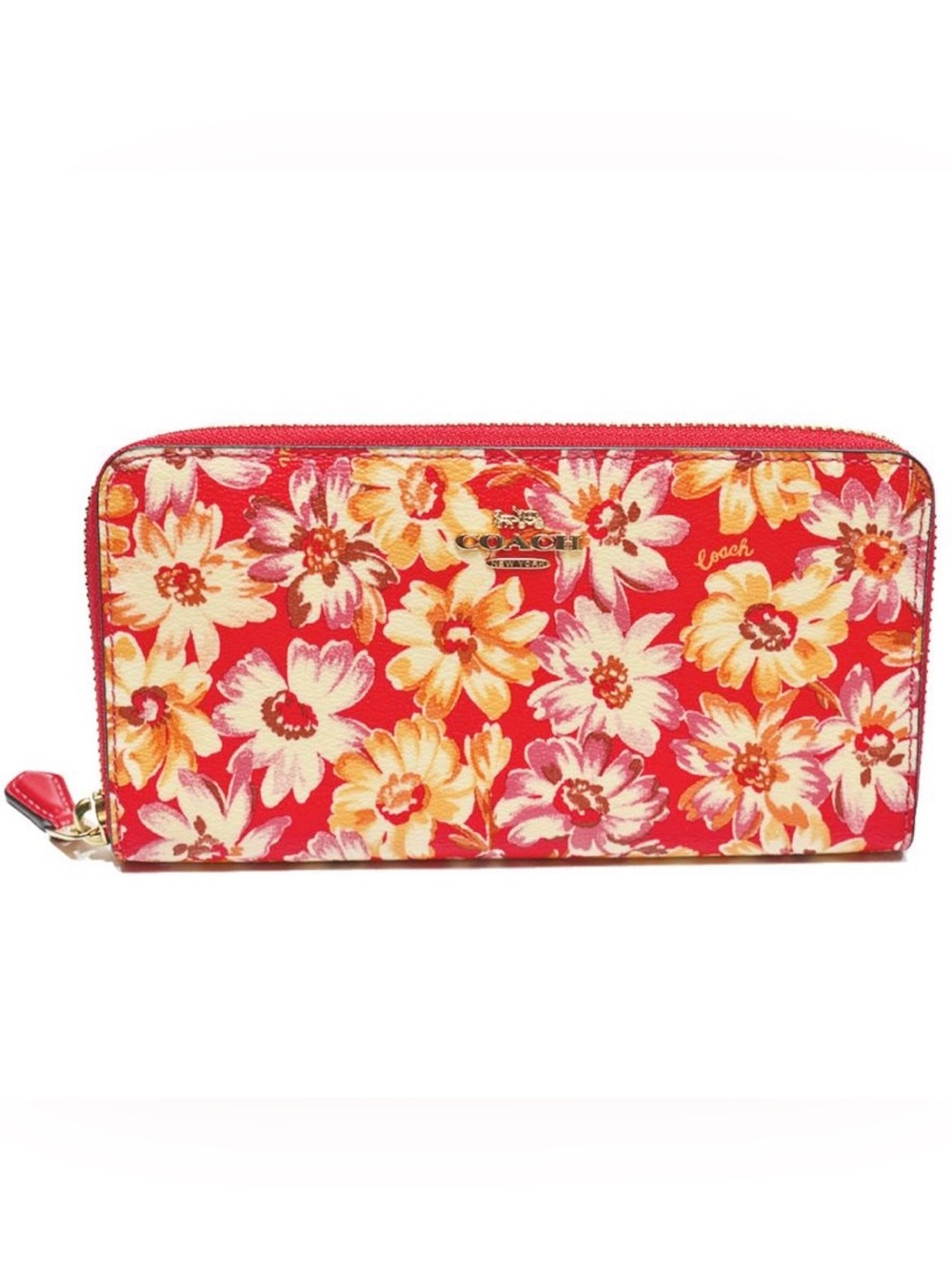 COACH, Long Zip Around Accordion Wallet with Vintage Daisy Script Print Design